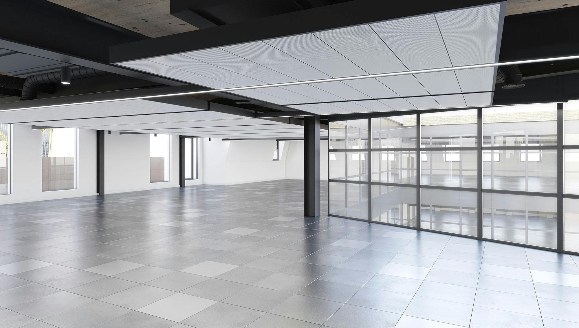 CGI of 6th floor Blank Canvas space with terrace (left) and internal light well (right)